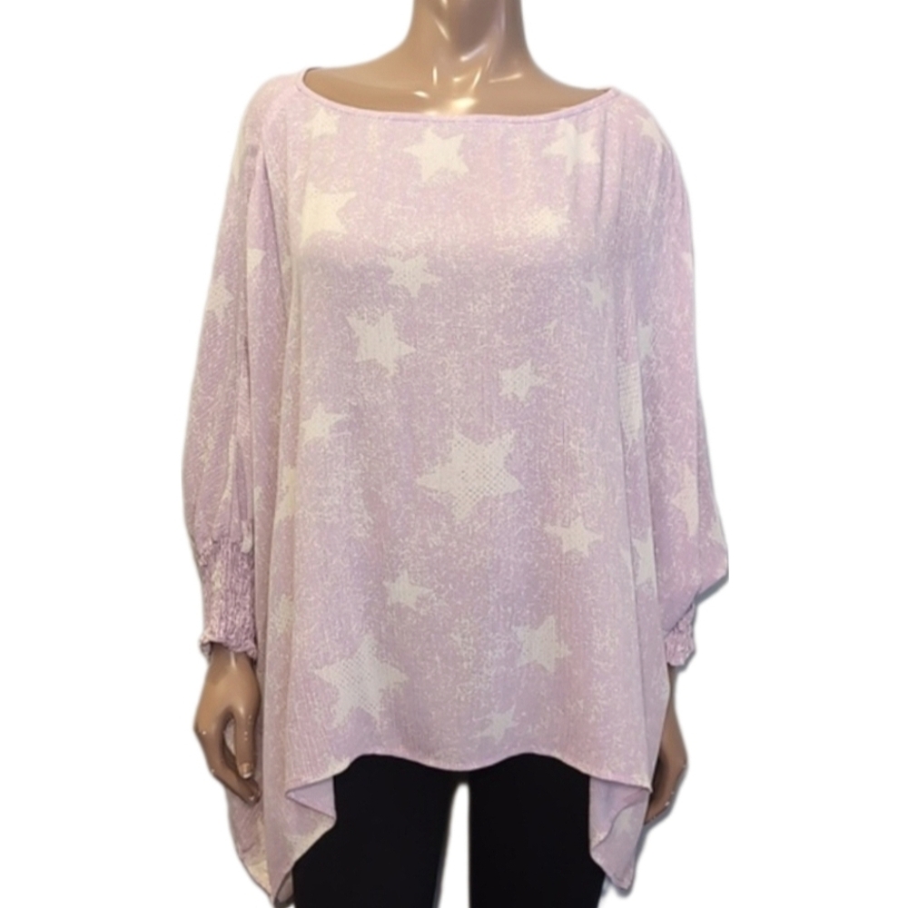 Oddy Oversized Star Print Top Long Batwing Sleeve Smocked Cuff Asymmetric Small